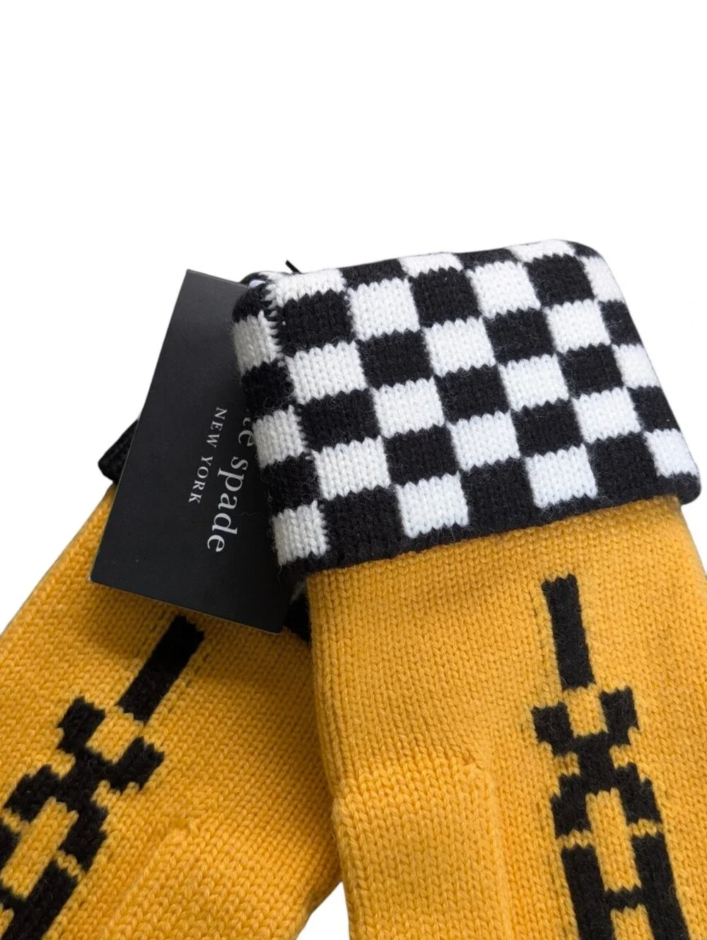NWT Kate Spade ♠️ New York Taxi Checkboard Mittens Yellow Black
